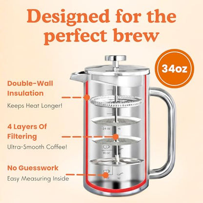 Ziruma Non-Toxic Stainless Steel French Press, Plastic-Free, 34 oz | Surgical-grade steel, heavy metal-free. 4-layer filter, grit-free. Double-wall insulated coffee maker, stays hot. Portable.