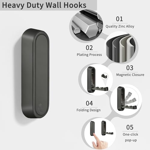 4PCS Foldable Wall Hooks, Flip Down Design with 40 lbs Heavy-Duty Capacity, Retractable Wall Hooks for Bathroom, Bedroom & Entryway Space Saving (Black) - color: Black, size: 4 Hooks