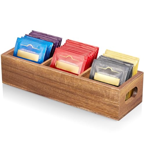 DRASTAR Tea Bag Organizer, Acacia Tea Bag Holder, Tea Storage Containers with 3 Slots, Wooden Tea Storage Accessories, Mini Tea Bag Caddy Box for Countertop - color: Acacia, size: 3 Slots