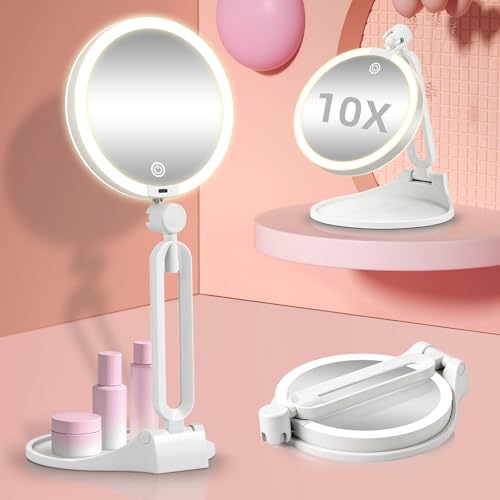 Travel Magnifying Makeup Mirror with Lights, Dual Sided 1X/10X Lighted Magnified Mirror, Rechargeable 3 Colors Dimming Lighting, Large Size of 6inch, Foldable Design, 360°Angle Adjustable - color: 10x-white