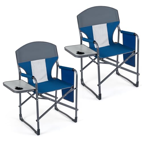 COSTWAY Oversized Folding Camping Chair with Padded Seat, Side Table, Cup Holder & Storage Pocket, Heavy-Duty Portable Director's Chair for Beach, Fishing, Picnic & Sports, Supports 400 lbs (Navy,2) - color: Navy