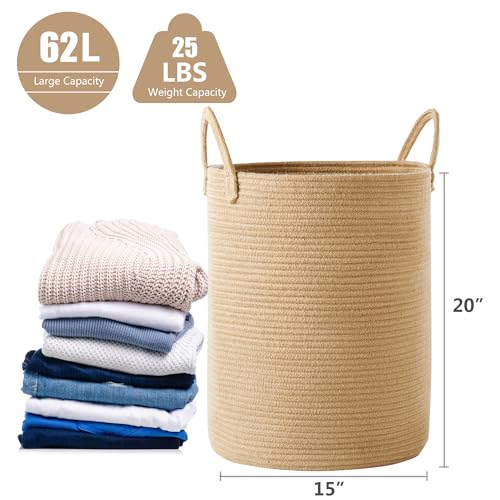 15Dx20H Inches Jute Woven Laundry Hamper Basket Wicker Rope Clothes Hamper Tall Rattan Blanket Basket in Living Room Bedroom 62L Large Capacity - color: Jute, size: Large (62L)