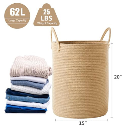15Dx20H Inches Jute Woven Laundry Hamper Basket Wicker Rope Clothes Hamper Tall Rattan Blanket Basket in Living Room Bedroom 62L Large Capacity - color: Jute, size: Large (62L)