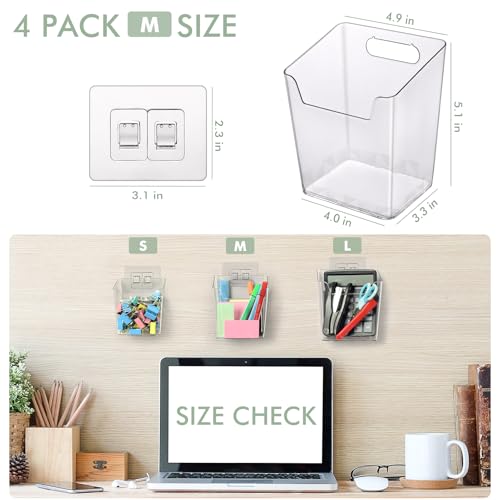 Clear Adhesive Wall Storage Bins, 4 Pack Cabinet Door Organizer Holders, Hanging Wall Mount Pockets, Plastic Cups for Shower Bathroom Makeup Office Craft Remote Kitchen Sink RV Organization (Medium) - size: Medium