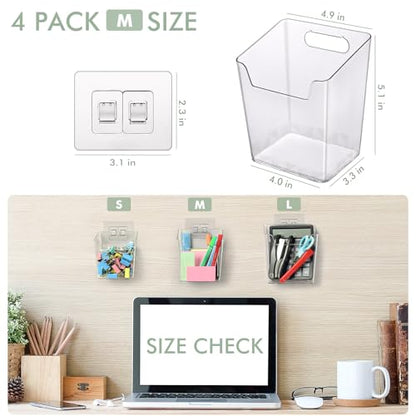 Clear Adhesive Wall Storage Bins, 4 Pack Cabinet Door Organizer Holders, Hanging Wall Mount Pockets, Plastic Cups for Shower Bathroom Makeup Office Craft Remote Kitchen Sink RV Organization (Medium) - size: Medium