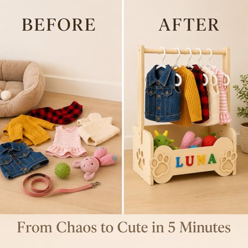 Personalized Dog Wardrobe for Small Dogs – Wooden Clothes Rack with 10 Hangers, DIY Name Plate & Toy Bin | Unique Dog Mom Gift for Chihuahua Yorkie Pomeranian