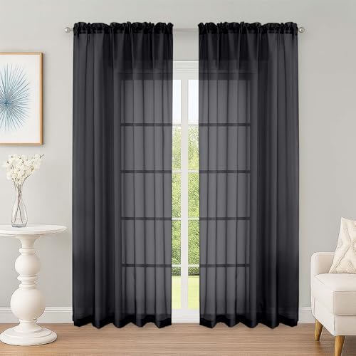 OWENIE Sheer Curtains 84 Inches Long 2 Panels Set, Black Sheer Curtain for Living Room Bedroom, Modern Filmy Rod Pocket Curtains Drapes, 2 Pcs, Each 59 W x 84L, Black - color: Black, size: 59"W x 84"L (Pack of 2)