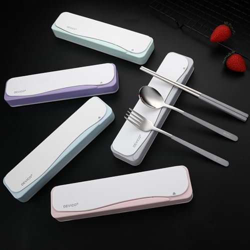 DEVICO Travel Utensils With Case, 18/8 Stainless Steel Camping Utensils, Reusable Portable Silverware Cutlery Set For Lunch Box, Include Fork Spoon Chopsticks - color: Gray