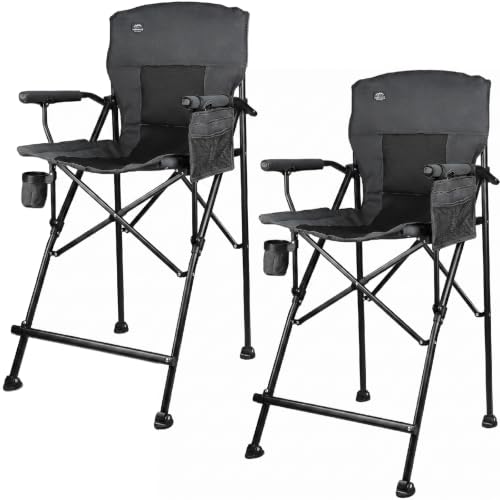LANMONTAIN 2 Pack Tall Folding Camping Chairs,30.7'' Seat Height Portable Hard Arm Bar Chairs w/Cup Holder,Side Mesh Pocket and Footrest,Heavy Duty Support 350 Lbs Comfy Director Chairs,Dark Grey - color: Dark Grey&grey 2 Pack