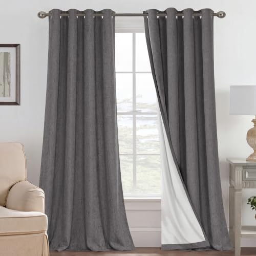 H.VERSAILTEX Blackout Curtains Linen Curtains 120 inches Long 100% Black Out Curtains for Bedroom Windows, Textured Linen Look Draperies Grommet with White Liner, 2 Panels, Grey - color: Grey, size: 52"W x 120"L (Pack of 2)