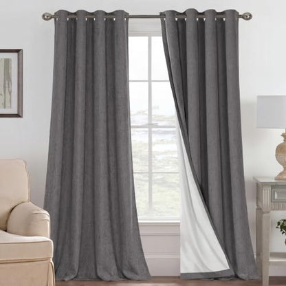 H.VERSAILTEX Blackout Curtains Linen Curtains 120 inches Long 100% Black Out Curtains for Bedroom Windows, Textured Linen Look Draperies Grommet with White Liner, 2 Panels, Grey - color: Grey, size: 52"W x 120"L (Pack of 2)