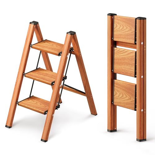 3 Step Ladder, Folding Step Stool with Anti-Slip Wide Pedal, Aluminum Material Lightweight Yet Sturdy, 300 Lbs Load, Cute Modern Apperance for Indoor Household Spaces - color: Woodgrain, size: 3 Step