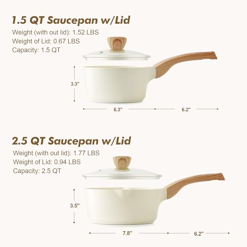 SENSARTE 1.5 & 2.5 Quart Ceramic Sauce Pan Sets with Lid, Cooking Pots Set, Nonstick Saucepan Set with Pour Spout, Small Kitchen Pot, Non toxic Saucepot, Induction Comptable, PFOA PTFE PFAS Free - color: Ceramic White, size: 1.5 + 2.5 Quarts