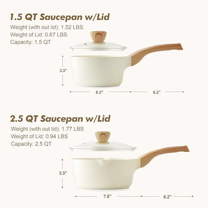 SENSARTE 1.5 & 2.5 Quart Ceramic Sauce Pan Sets with Lid, Cooking Pots Set, Nonstick Saucepan Set with Pour Spout, Small Kitchen Pot, Non toxic Saucepot, Induction Comptable, PFOA PTFE PFAS Free - color: Ceramic White, size: 1.5 + 2.5 Quarts