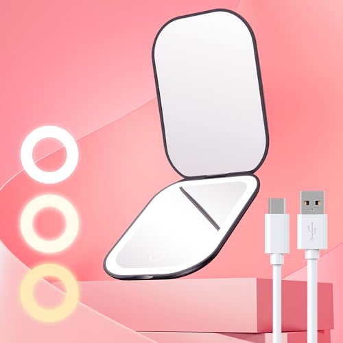 Gospire Handheld 4.1 x 2.95 inches Travel Makeup Mirror, Ultra-Slim Lighted Rechargeable 3X Magnifying Mirror with 3 Light Colors & Adjustable Brightness for Women - Black - color: Black