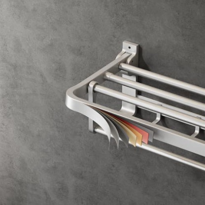 VOLPONE 24 Inch Towel Rack with Towel Bar Holder Foldable Towel Shelf with Movable Hooks Rustproof Towel Storage Wall Mount for Bathroom Lavatory Silver - color: Silver