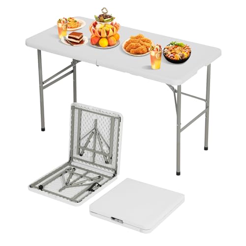 SEALAMB 4FT Portable Folding Table, One-Handed Height Adjustment, 4 Heights, Gravity Lock, Carry Handle, Indoor Outdoor Heavy Duty Fold-in-Half Utility Table, Party(White, 4FT) - color: White, size: 4FT