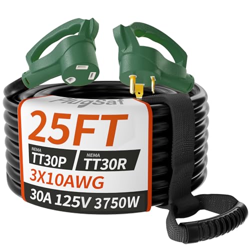 PlugSaf 25 FT 30 Amp RV Extension Cord Outdoor, Flexible Heavy Duty 10/3 Gauge STW RV Power Cord Waterproof with Cable Organizer, NEMA TT-30P to TT-30R, Black-Green, ETL Listed - size: 25FT, style: 30A（TT-30P/R）