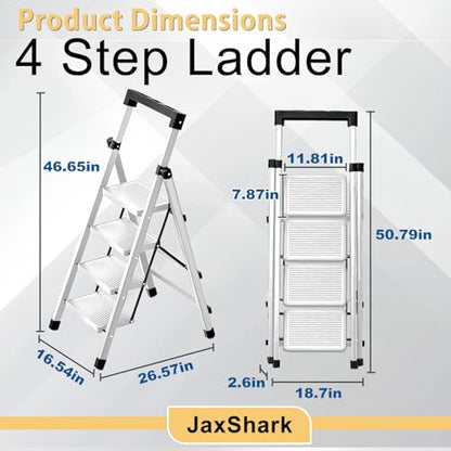 4 Step Ladder with Handrail Folding Step Stool with Tool Tray | 500LBS Capacity Sturdy Carbon Steel Frame Anti-Slip Stripe Pedal for Home Kitchen Garage (white-4step) - color: White-tool, size: 4 step