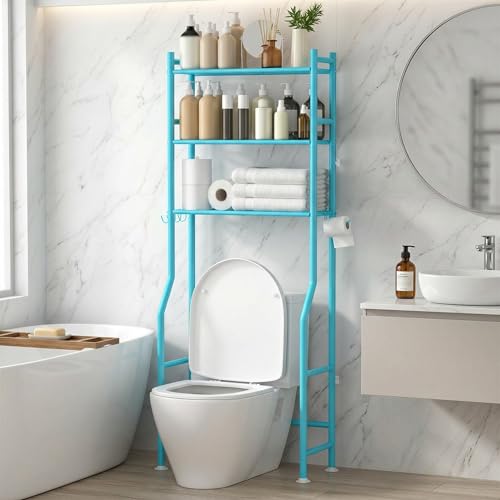GloTika 3-Tier Over Toilet Storage with Anti-Tilt Safety System - 150lb Total Capacity Metal Bathroom Shelves Including Paper Holder & 4 Hooks, Space Saving Above Commode Organizer (64" H, Blue) - color: Blue, size: 3-Tier