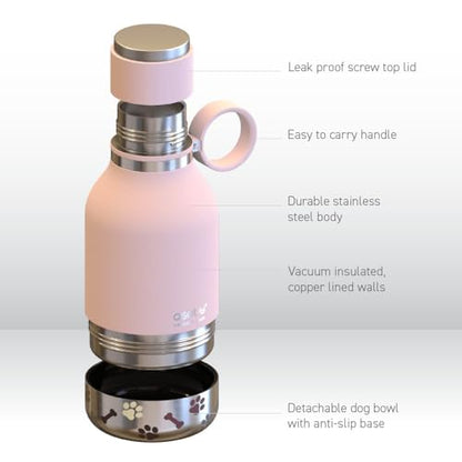 asobu Buddy Bottle, a Stainless Steel Insulated Water Bottle with Removable Dog Water Bowl and Dog Food and Treat Storage (Pink, 37 Oz) - color: Pink