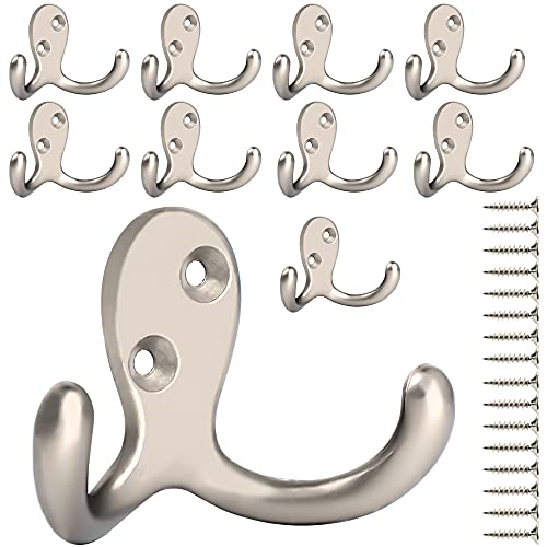 IBosins 10 Pack Heavy Duty Double Prong Coat Hooks Wall Mounted with 20 Screws Retro Double Hooks Utility Hooks for Coat, Scarf, Bag, Towel, Key, Cap, Cup, Hat - color: 10 Pcs Silvery