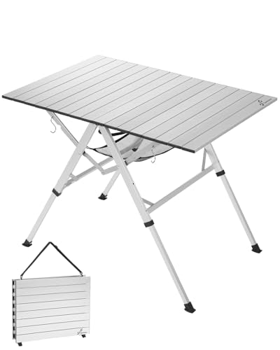 Sportneer Camping Table: 35.4"x23.6" Large Bi-Fold Portable Folding Table with Fast Open Design, 3 Adjustable Heights Aluminum Tabletop for Camping Picnics Fishing BBQs & Backyard Use - color: Silver