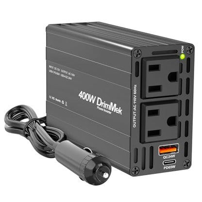 400W Car Power Inverter 12V to 110V AC｜24W+65W USB C, Laptop Charger | 65w Fast Charger,2 AC Output,Aluminum alloy casing - color: BLACK