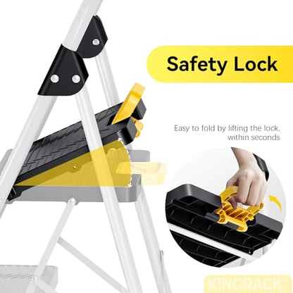 KINGRACK 2 Step Folding Ladder, 800lbs Capacity Step Stool with Safety Lock, Non-Skid Wide Pedals, and Handrail, Lightweight, Household Ladder for Home, Kitchen, Pantry, Closets, and Office Use, White - size: 2-STEP