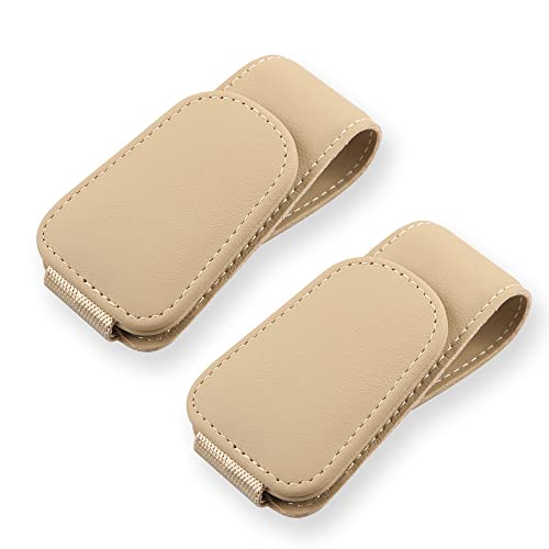 2Pcs Sunglass Holder for Car, Magnetic Leather Eyeglass Hanger Clip for Car Sun Visor, Sunglasses Holder and Ticket Card Clip for Car Visor Accessories (Beige) - color: Beige