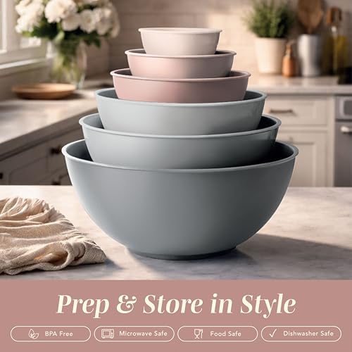 COOK WITH COLOR Mixing Bowls with TPR Lids - 12 Piece Plastic Nesting Bowls Set includes 6 Prep Bowls and 6 Lids, Microwave Safe Mixing Bowl Set (Pink Ombre) - color: Pink Ombre TPR Lids
