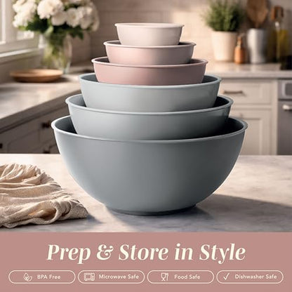 COOK WITH COLOR Mixing Bowls with TPR Lids - 12 Piece Plastic Nesting Bowls Set includes 6 Prep Bowls and 6 Lids, Microwave Safe Mixing Bowl Set (Pink Ombre) - color: Pink Ombre TPR Lids