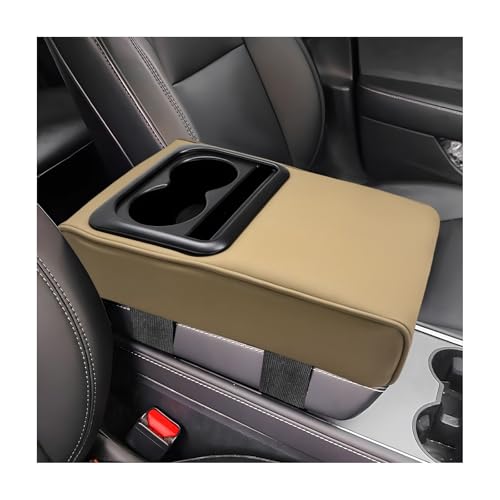 Car Center Console Armrest Pillow, Memory Foam Auto Armrest Box Cover with Cup Holder & Phone Holder, Waterproof Leather Arm Rest Protector Cushion, Interior Car Accessories (Beige) - color: Beige