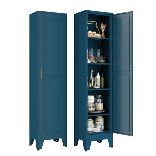 YAUWOH White Narrow Metal Storage Cabinet, Tall Freestanding Cabinet with 4 Adjustable Shelves & Barn Doors, Pantry Organizer for Bathroom Kitchen Home Office Dining Room（1PC,Blue - color: Blue, size: 67"H-1 Door