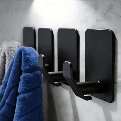 DELITON 4 Pack Adhesive Hooks - Towel Hook for Hanging Towels, Clothes and Bags, Matte Black Stainless Steel, Stick on Wall for Bathroom and Kitchen - color: Carbon Black
