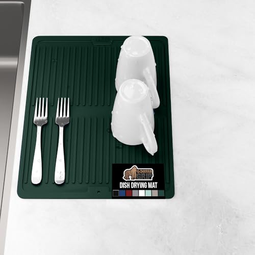 GORILLA GRIP 100% BPA-Free Silicone Dish Drying Mat for Kitchen Counter, Quick Dry, Water Catching Ribbed Design, Easy Clean Waterproof Sink Liner, Heat Resistant, Fits Under Rack, 11x13, Hunter Green - color: Hunter Green, size: 13" X 11", style: Silicon