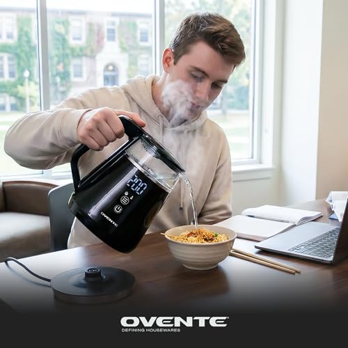 OVENTE 1L Small Electric Kettle with 5 Temperature Preset, Digital Display, 5Hr Keep Warm, Auto Shut-Off, Double-Wall Cool Touch Exterior, Borosilicate Glass,1500W BPA Free Water Boiler, Black KD95B - color: Black