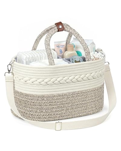 Baby Diaper Caddy Organizer With Handle, Cotton Rope Baby Shower Basket, Large Diaper Caddy with Shoulder Straps for Newborn Parents, Home and Car Travel, 14.5"x8.5"x7.5