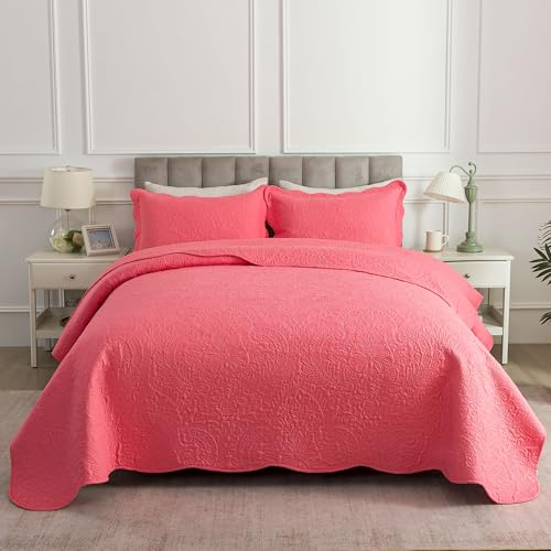 HoneiLife Queen Quilt Bedding Set - Microfiber Quilt Sets for Queen Bed, 3-Piece Lightweight Bedspreads,Reversible Coverlets Rustic Bedlinen Sets, Floral Bedding Set All Season Quilts-Sugar Coral - color: Sugar Coral, size: Queen/Full-90"x96"