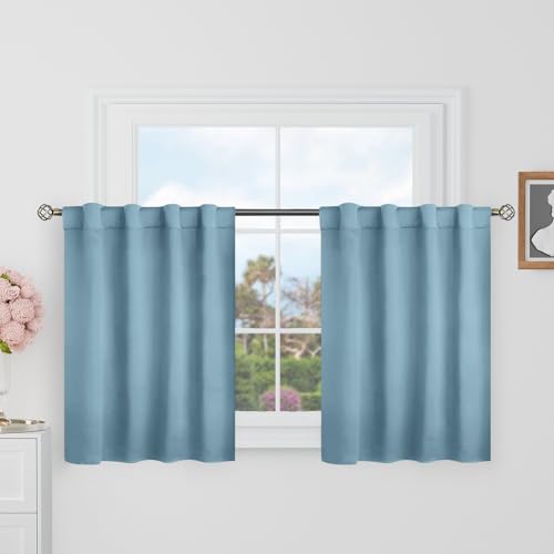 BGment Short Blackout Curtains 30 Inch Length for Half Windows - Rod Pocket and Back Tab Room Darkening Thermal Insulated Bathroom Curtains for Kitchen/Cafe Room, 2 Panels, Greyish Blue - color: Greyish Blue, size: 34"W x 30"L (Pack of 2)