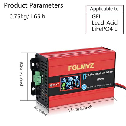 Boost MPPT Solar Charge Controller 30A 1200W, Step-Up to 48/60/72V, for RV, Golf Cart, Off-Grid Solar Systems, Max 15A for Lead-Acid & Lithium LiFePO4 Batteries, Universal for All PV Panels