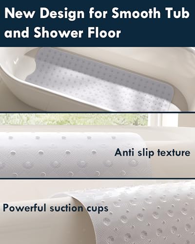 Gecork Bathtub Mat Non Slip with 2 Hooks, 40"x16" Extra Large Bath mat for Tub & Shower, Anti Slip, Machine Washable, Soft & Comfortable for Families, Clear