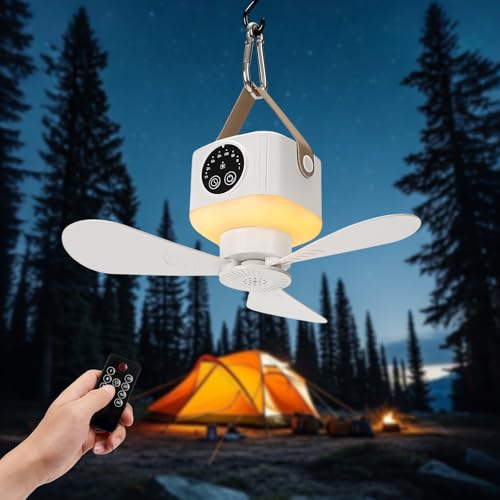 Portable Ceiling Fan with Lights Remote,USB Rechargeable Camping Fan,9.25" Wireless Tent Fan with 4 Speeds,Timer,Battery-Powered Ceiling Fan for RV,Truck,Rooftop Tent,Travel,Camping (White) - color: White