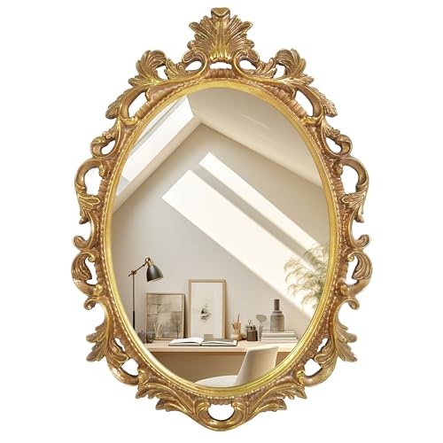SIMON'S SHOP Antique Gold Oval Wall Mirror, Scroll Frame for Entryway Bedroom - color: Gold - 16.5 X 23.5 in, size: 23.5"L x 16.5"W