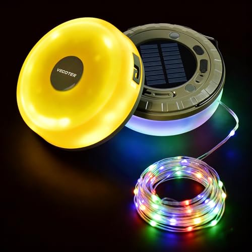Solar Camping String Lights, 4 in 1 Camping Light with 32.8ft Retractable Fairy Lights - USB Rechargeable & IPX4 Waterproof, 5 Modes Portable Hanging Tent Lights for RV, Patio, Hiking