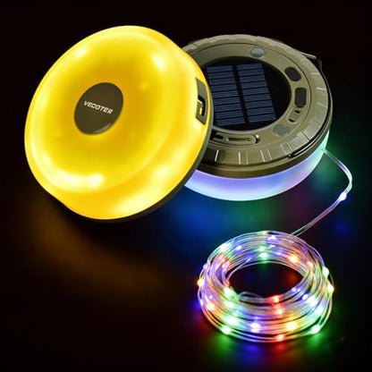 Solar Camping String Lights, 4 in 1 Camping Light with 32.8ft Retractable Fairy Lights - USB Rechargeable & IPX4 Waterproof, 5 Modes Portable Hanging Tent Lights for RV, Patio, Hiking