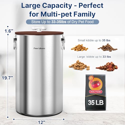 Paw Libero 2PK 35 Lbs Stainless Steel Dog Food Storage Container with Airtight Lid & Ceramic Bone Handle, Large Metal Dog Food Bin for Dogs & Cats, Keep Fresh, Easy to Clean - size: 35 lbs - 2pk
