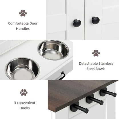 Pet Feeding Station, Dog Feeding Station, Dog Food Storage Cabinet, Pet Food Toy Organiser with 2 Elevated Bowls and Hook for Feeding and Drinking, White - size: Wood White
