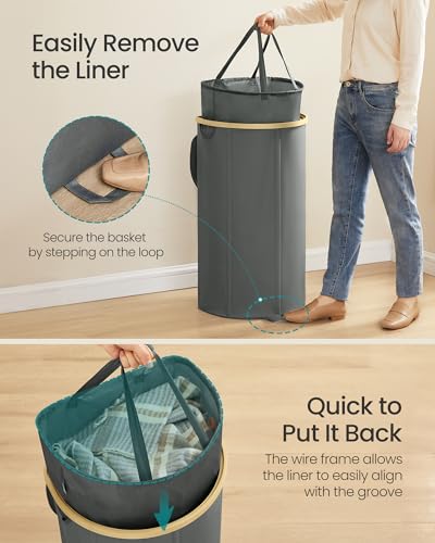 SONGMICS Laundry Hamper, Laundry Basket with Lid, 23.8 Gal. (90 L), with Removable Liner Bag, for Laundry Room, Bedroom, Living Room, Slate Gray and Light Bamboo ULCB547G01 - color: Slate Gray, size: 90 L (1-Section with Half Moon)