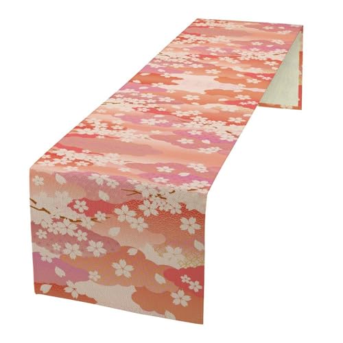 Cherry Blossom Table Runner Japanese Style Rustic Pink Floral Flower Decor for Indoor Outdoor Party Dinner Festival Farmhouse Holiday Dining Room Home Kitchen Restaurant, 13x36in - color: Cherry-pink, size: 13x36in